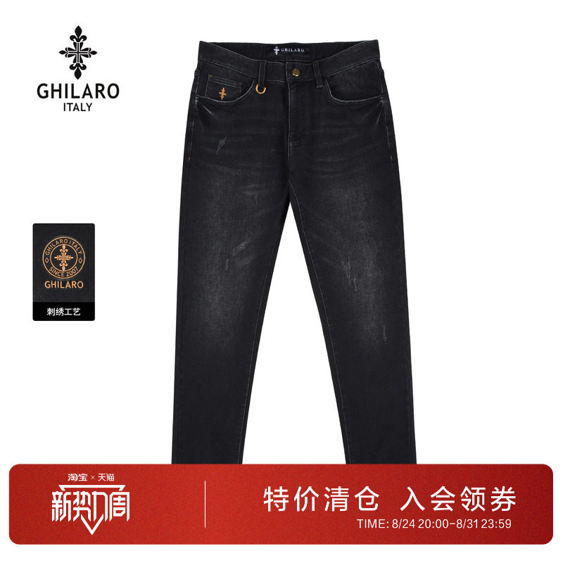 古劳吉那诺刺绣微弹黑色牛仔裤男图片