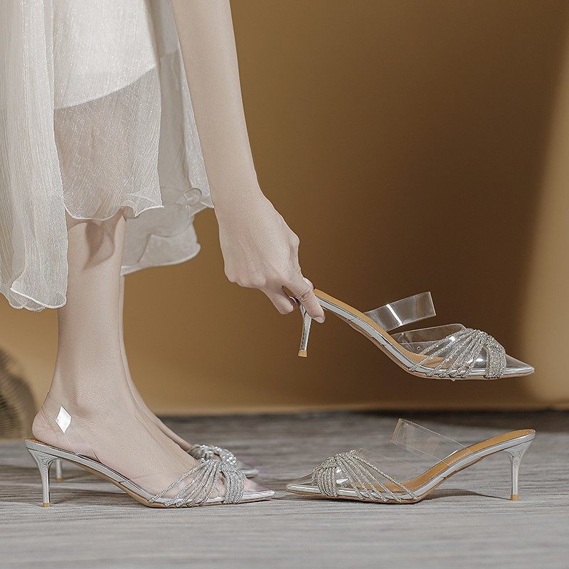 Miss Smile尖头透明水钻高跟鞋一字凉拖2025夏季外穿性感拖鞋凉鞋