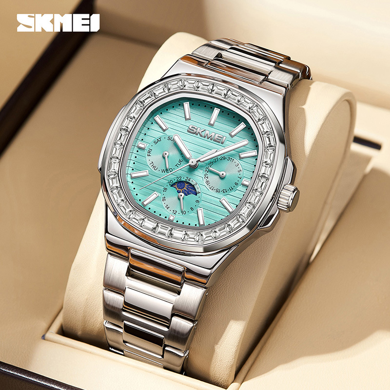 SKMEI时刻美多功能士石英表八边形镶钻防水夜光潮流钢带手表