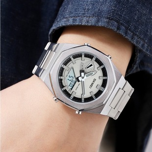 时刻美电子手表计时夜光闹钟双显创意钢带防水男士大气石英表