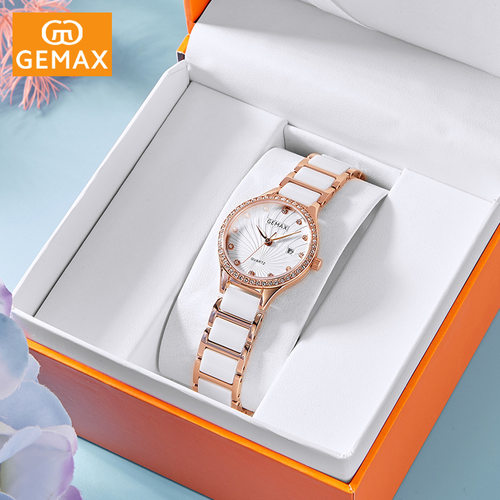 GEMAX/格玛仕 正品防水石英表 女士手表时尚品牌钢陶瓷腕表 8103