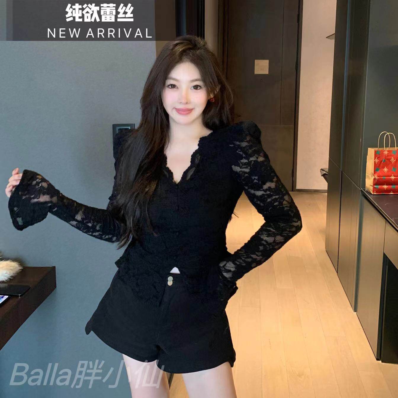 胖小仙秋冬纯欲蕾丝蕾丝上衣微胖T恤