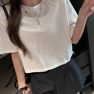 纯色遮肉上衣 全棉圆领宽松版 五分短袖 正肩t恤女式 开叉设计感夏季