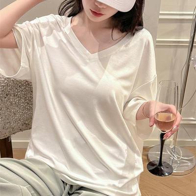 百搭V领大版型百搭落肩短袖t恤女宽松慵懒风修身显瘦夏季辣妹上衣