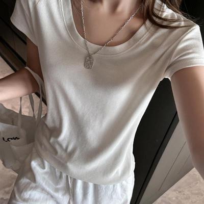天丝莱赛尔高级感显瘦正肩短袖t恤女夏季韩系简约基础款修身上衣