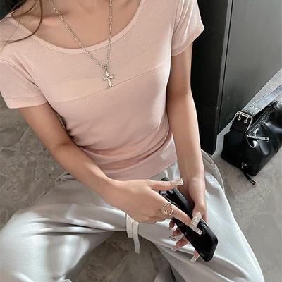 夏季设计感小众微透圆领正肩短袖T恤女收腰褶皱休闲百搭上衣