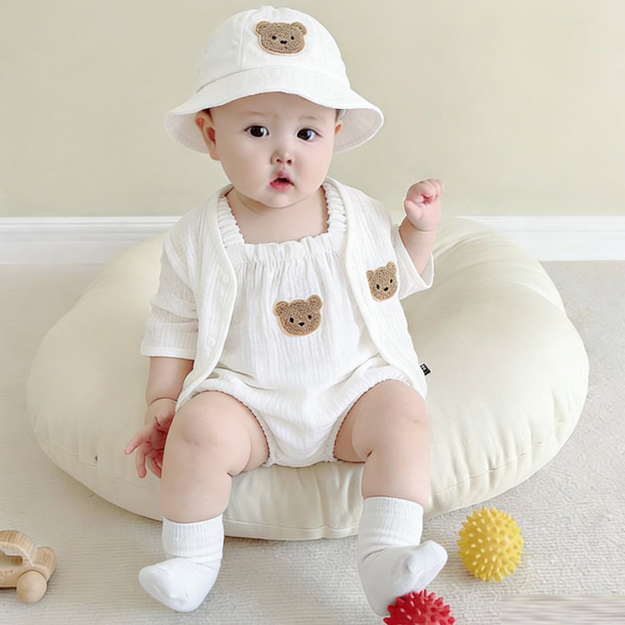 纯棉婴儿连体衣夏季薄款纱布哈衣宝宝吊带太阳帽爬服可爱无袖套装