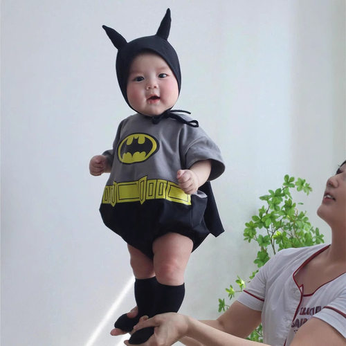蝙蝠侠夏季新款宝宝超人哈衣韩版insBodySuit纯棉短袖爬服套装
