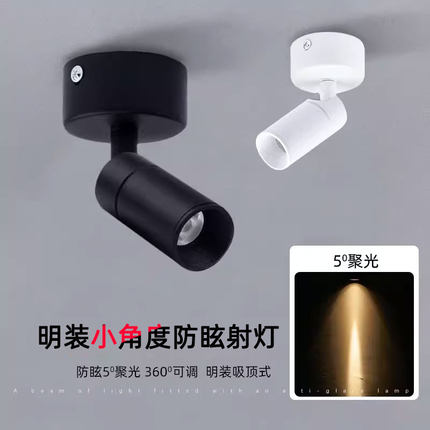黑色小角度led明装小射灯1W3W氛围灯聚光5度咖啡店吸顶可调天花灯