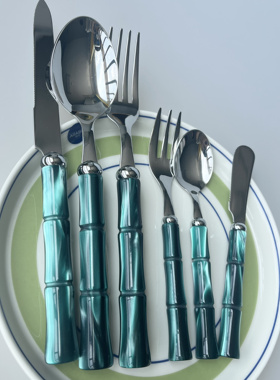 新款Rivadossi 松石绿意大利竹节象牙白橄榄绿刀叉勺子西餐具套装