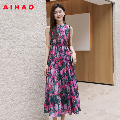 女神范温柔风气质印花无袖连衣裙