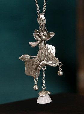 复古国潮心若莲花古典国风泰银工艺高仿和田玉旗袍汉服莲蓬项链