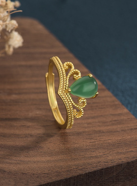 网红首饰宫廷汉服复古代风设计越南沙金皇冠女式指环镶嵌玉髓戒指