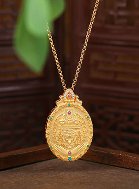 国潮新中式黄财神项链古法保色镀金复古佛牌扎基拉姆男女饰品项链
