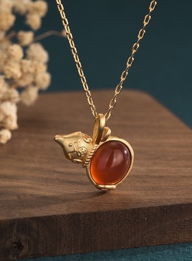 网红复古式铜镀金葫芦吊坠镶嵌红玛瑙玉髓项链宫廷旗袍汉服女配饰