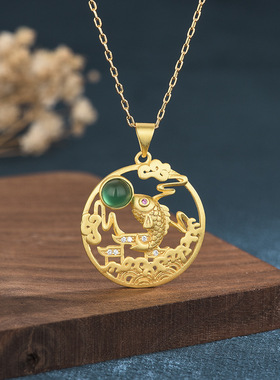 项饰名媛风设计潮人配饰古法金中国风设计锦鲤镶嵌玉髓和田玉项链