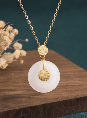 国潮宫廷汉服创意设计复古鎏金福字仿和田玉平安扣吊坠古风项链女