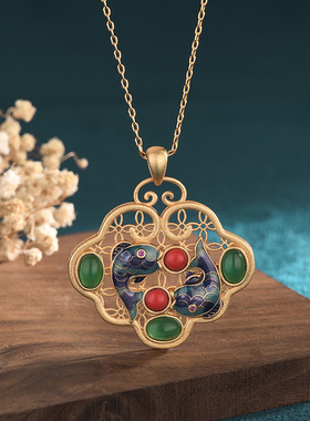 中国风旗袍配饰珐琅彩鲤鱼平安锁扣镶嵌天然玉髓玛瑙复古装女项链