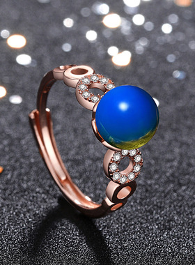 网红同款戒指 宫廷风加合成蓝珀圆珠琥珀蜜蜡 指环送女友生日礼物