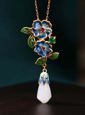 国潮设计项饰镀金珐琅彩绘花团锦簇玉兰花仿和田玉宫廷复古风项链
