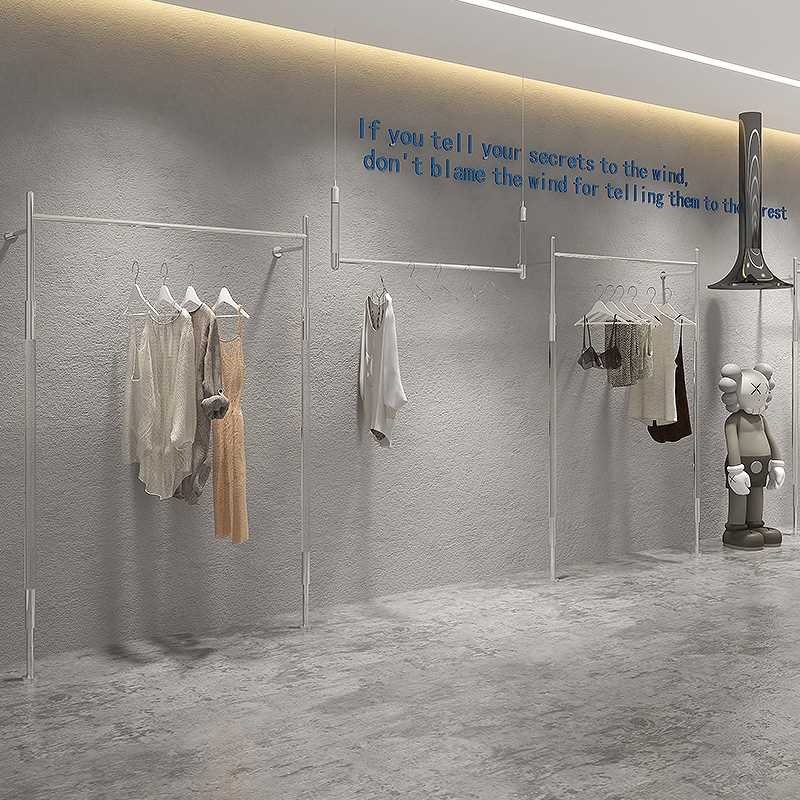 服装店亚克力展示架上墙不锈钢锁墙挂衣杆落地式挂衣架女装店货架