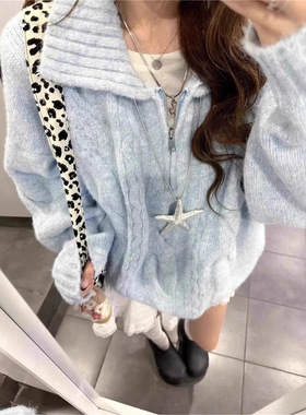 蓝色麻花翻领毛衣女2026新款奶fufu慵懒风韩系秋冬季穿搭针织上衣