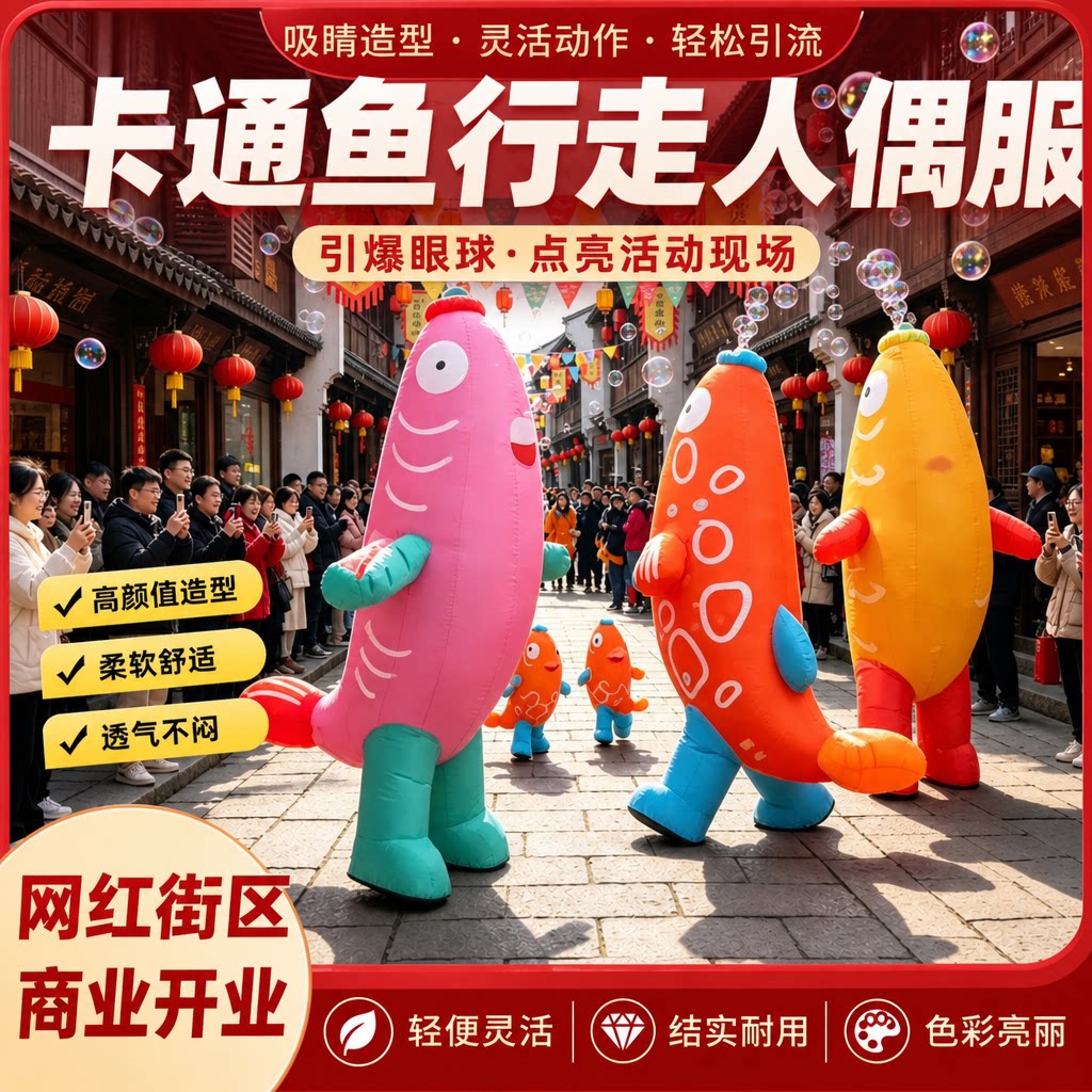 充气卡通鱼气模商业街古镇表演服图片
