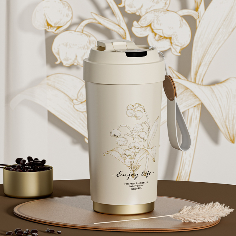 恩尔美保温杯陶瓷内胆智能显温咖啡杯带提绳便携男女水杯子测温