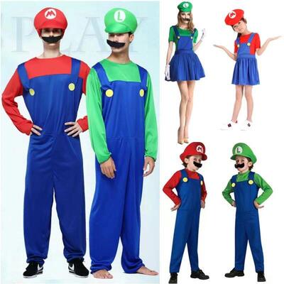 Super Luigi Cosplay Costume Adult Jumpsuit Beard Hat Men and