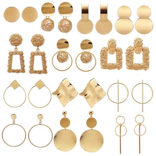 Women Big Geometric Statement Gold Metal Drop Earrings耳环女