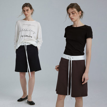 1747「清爽空气棉」撞色绑带设计 拼接休闲宽松短款阔腿卫裤