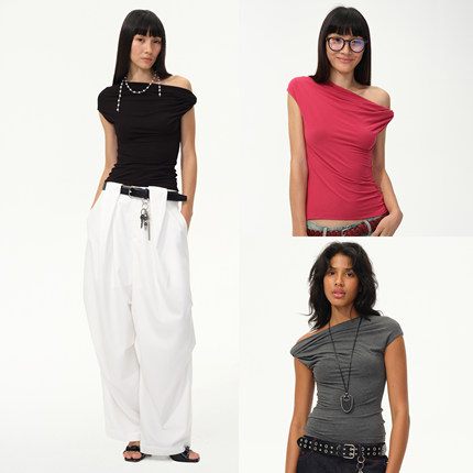 1747 梦回千禧｜复古斜肩扭结T恤三色修身弹力不规则上衣