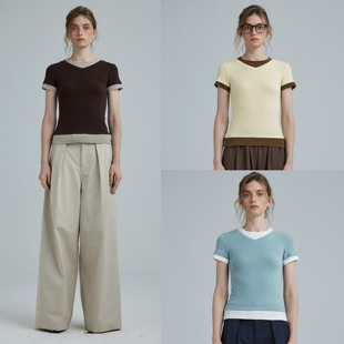 1747「假两件」拼接撞色合身圆领V领短袖 多色T恤