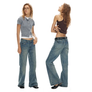 百搭长裤 1747 高街时尚 经典 复古怀旧胶片蓝中低腰轻盈微喇牛仔裤