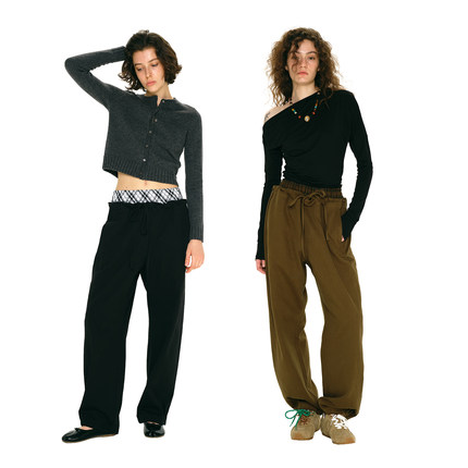 1747 双腰头小众设计假两件拼接格纹松紧弯刀休闲裤 百搭直筒长裤