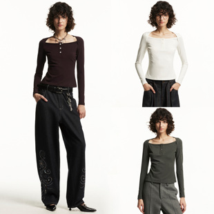 延续 1747 船领长袖 经典 ｜门襟纽扣优雅信封领气质T恤 小沙漏