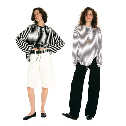 1747 「无负担」天丝羊毛海魂条纹衫随性长袖T恤 宽松圆领上衣