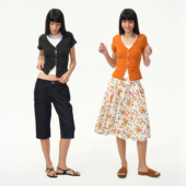 1747 V领短袖 波浪门襟特色花扣｜进口坑条修身 弹力开衫