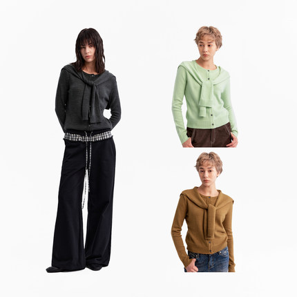 1747 假两件多色慵懒叠搭披肩圆领开衫老钱风毛衣