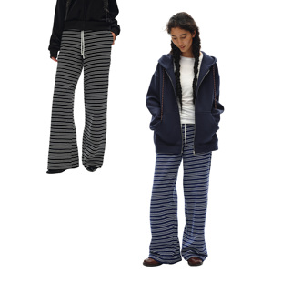 1747 雪尼尔条纹_松弛感宽松复古蓝色慵懒北欧风针织休闲长裤