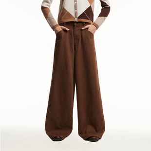 90s复古老钱百搭休闲长裤 色织牛仔阔腿裤 焦糖暖棕 1747