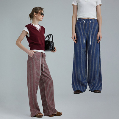 1747「法国进口诺曼底100％亚麻」色织条纹 慵懒老钱风撞色休闲裤