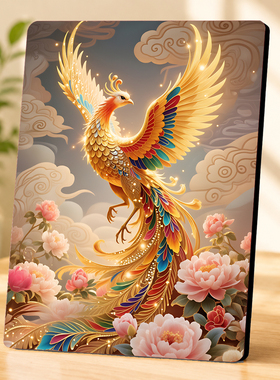 新中式金凤凰牡丹装饰摆件客厅玄关国风家居桌面摆台