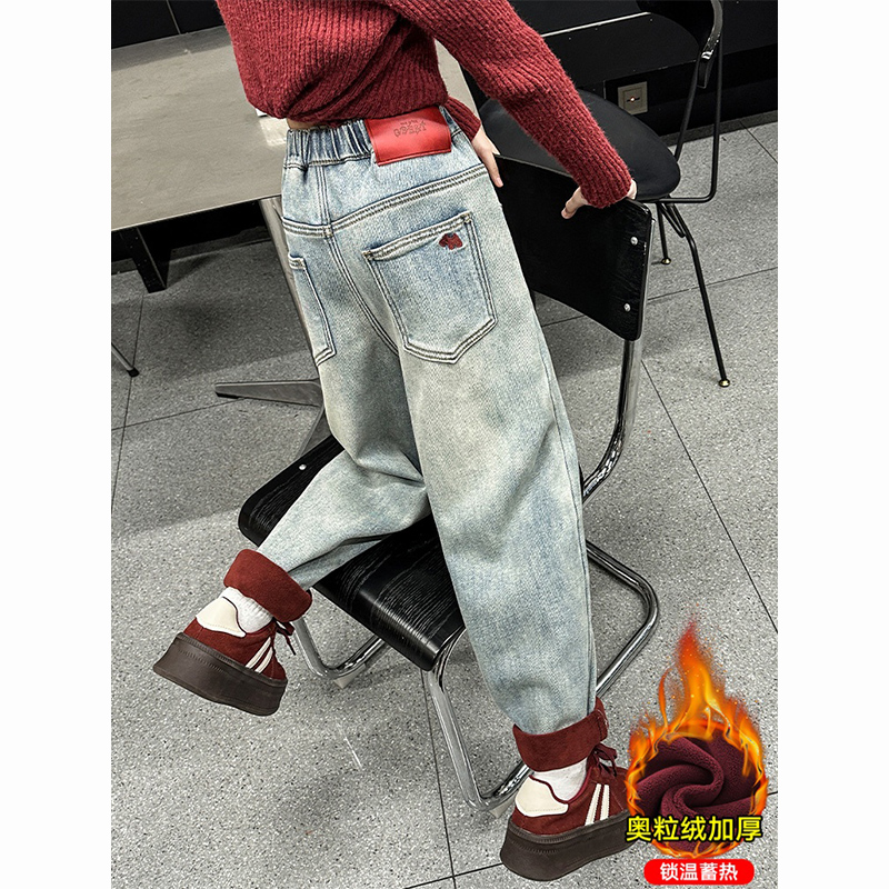 女童加绒牛仔裤秋冬2025新款儿童加厚裤子女孩浅色休闲老爹裤年货