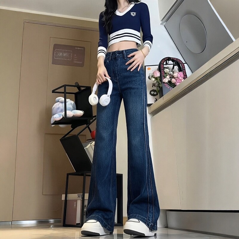 女童法式牛仔裤秋冬季2026新款韩版儿童大童一体加绒微喇显瘦裤子