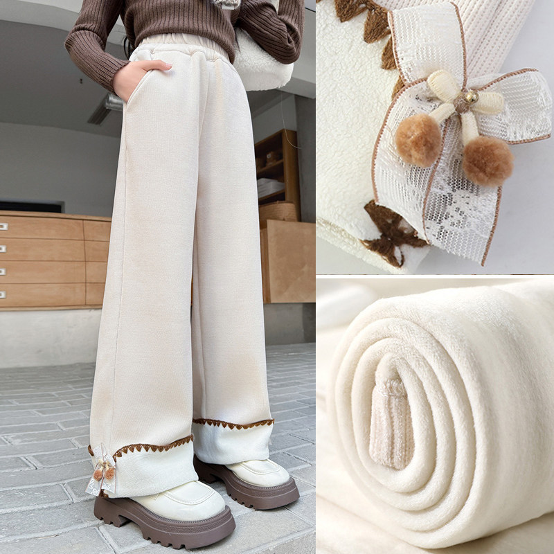 女童加绒裤子秋冬季2025新款儿童女孩运动卫裤加厚直筒休闲阔腿裤