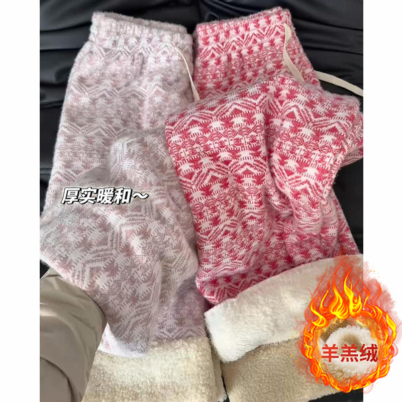 女童温柔风羊羔绒棉裤女外穿秋冬厚保暖防寒裤子加绒加毛绒阔腿裤