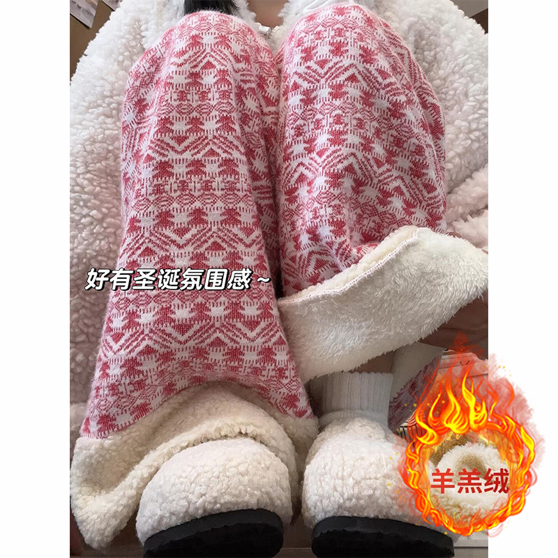 女童民族风羊羔绒棉裤冬季一体加绒加厚保暖防寒裤子毛绒阔腿裤潮