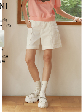 SANI奥莱商场同款休闲亚麻牛仔白色休闲短裤女夏季宽松阔腿直筒