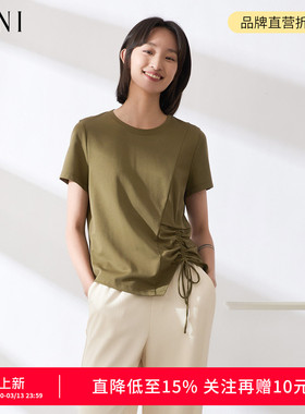 SANI商场同款2026夏季不规则抽褶系带显瘦短袖T恤百搭舒适上衣女
